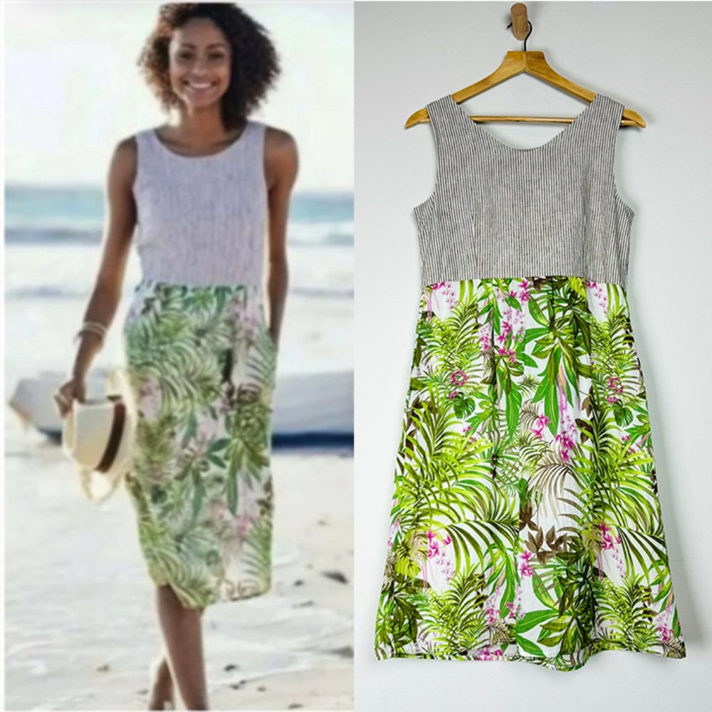 J. Jill Mixed Media Striped/Floral Linen/Cotton Midi Dress